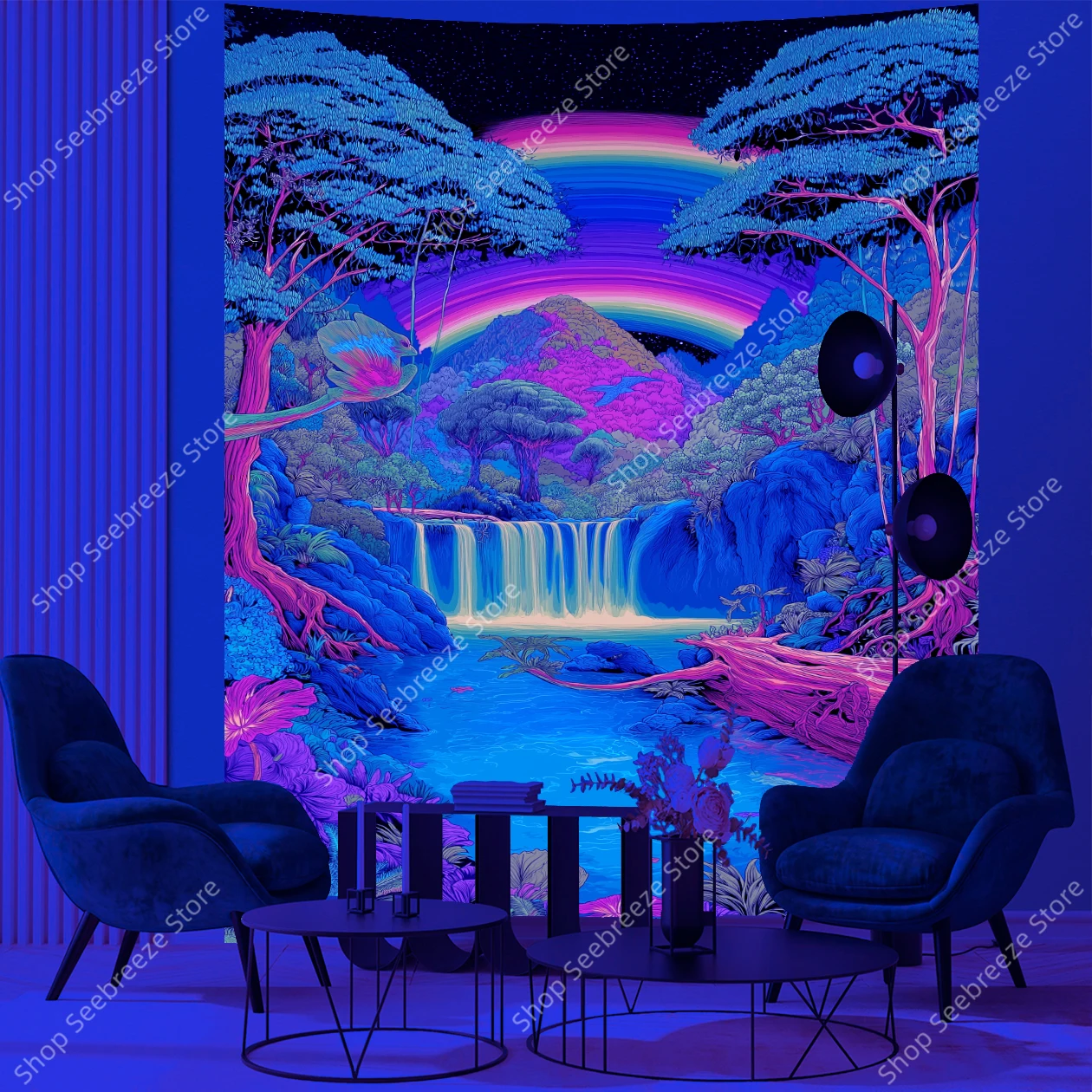 

Vibrant Bohemian UTapestry Rainbow Waterfall Exotic Birds Lush Flora Psychedelic Mountain Wall Art Hippie Home Decor Dormitory