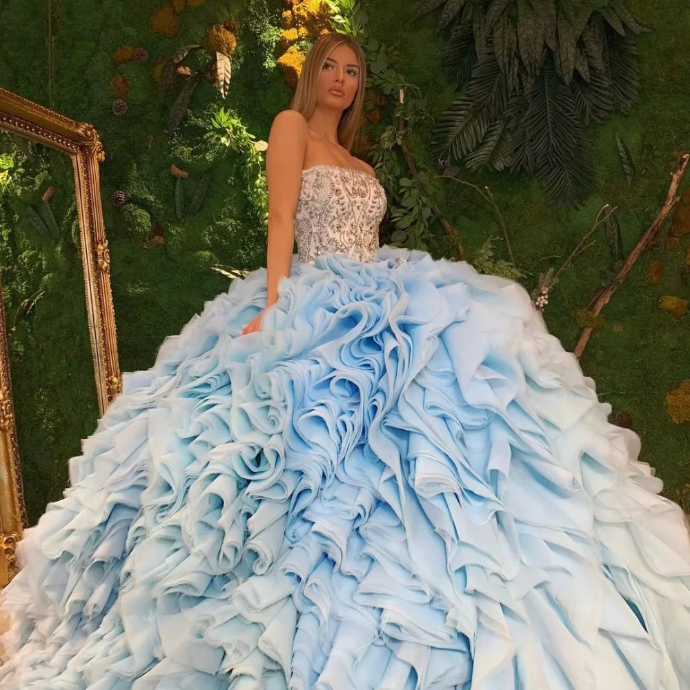 여성을위한 이브닝 드레스 크리스탈 페르시 Tulle 볼 가운 파티 드레스 Strapless Luxury Tiered Pleat Ruched Prom Dresses