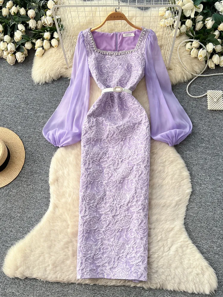 

Французское элегантное кружевное платье с пышными рукавами для женщин, однотонное, с вышивкой стразами и цветами, с разрезом, приталенное, для вечеринок, шикарное женское платье