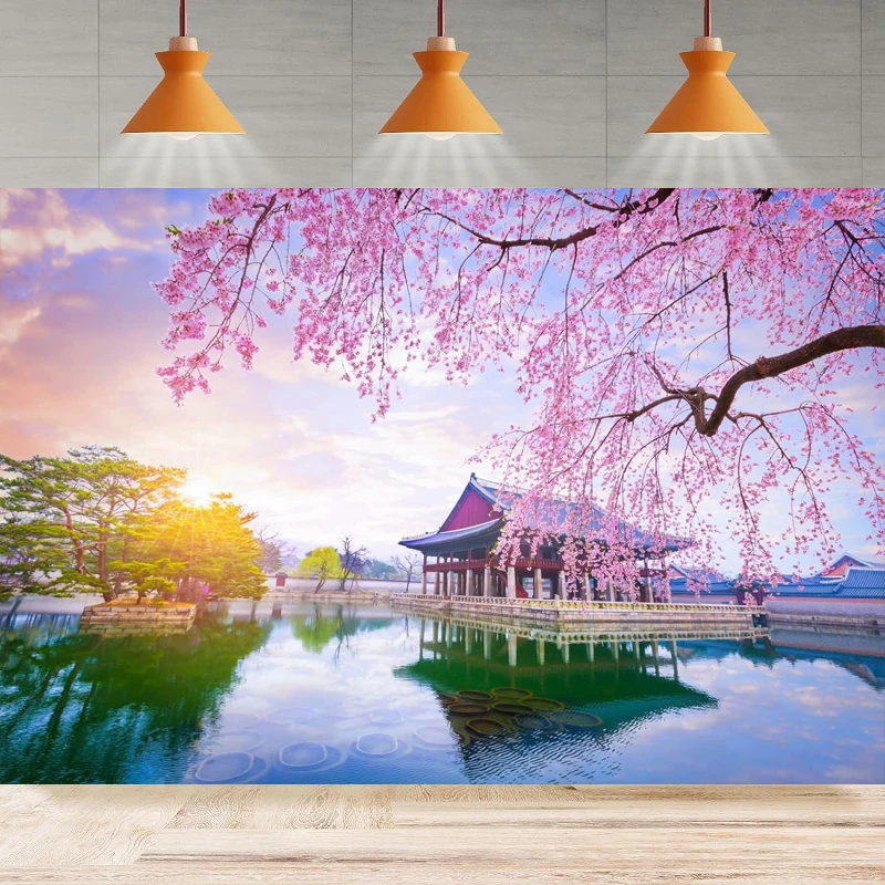 South Korea Spring Nature Photography Background Gyeongbokgung Palace Seoul Garden Lake Cherry Blossoms  Party Backdrop Wall