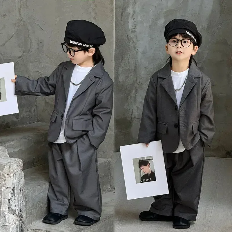 بدلة للأولاد سترة رمادية فضفاضة غير رسمية وسراويل مكونة من قطعتين مجموعة ملابس أطفال المدارس من 2 إلى 13 سنة زي أداء البيانو للأطفال #5