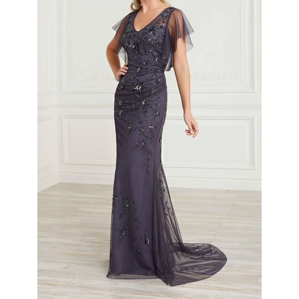 Stunning Mother of the Bride Dresses Long Mermaid Evening Dress V-neck Cap Sleeves Major Beading Sequins Runway Gowns