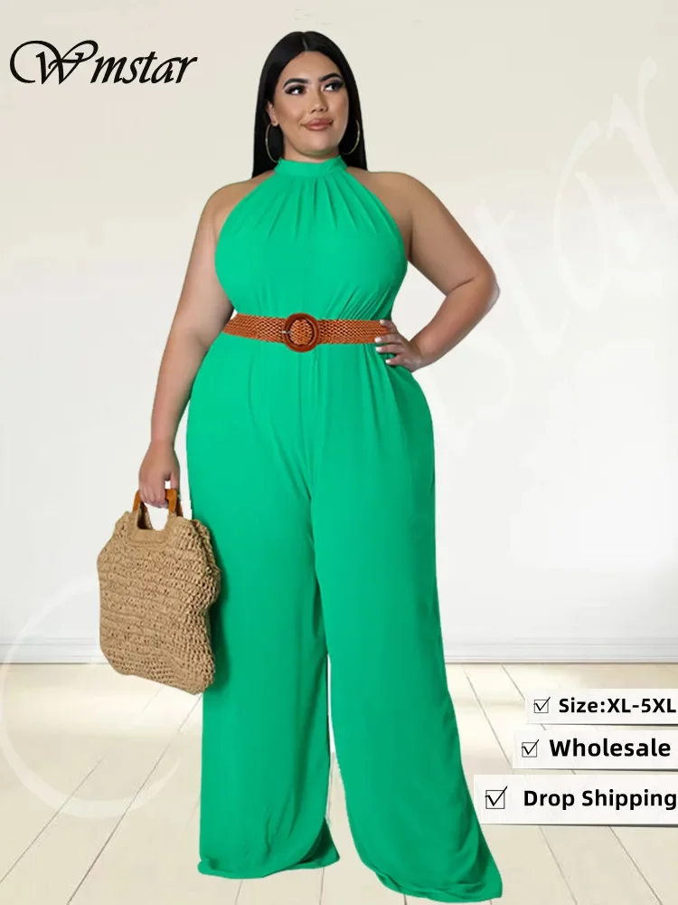 Wmstar Plus Size Women Jumpsuit with Belt Summer Clothes Solid Sleeveless Wide Leg Office Lady Bodysuit Wholesale Dropshipping