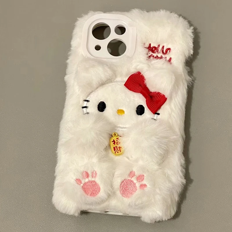 Sanrios Hellokittys Soft Plush Phone Case for Iphone 11 12 13 14 15 Pro Max Phone Shell Cute 3D Winter Warm Furry Back Cover