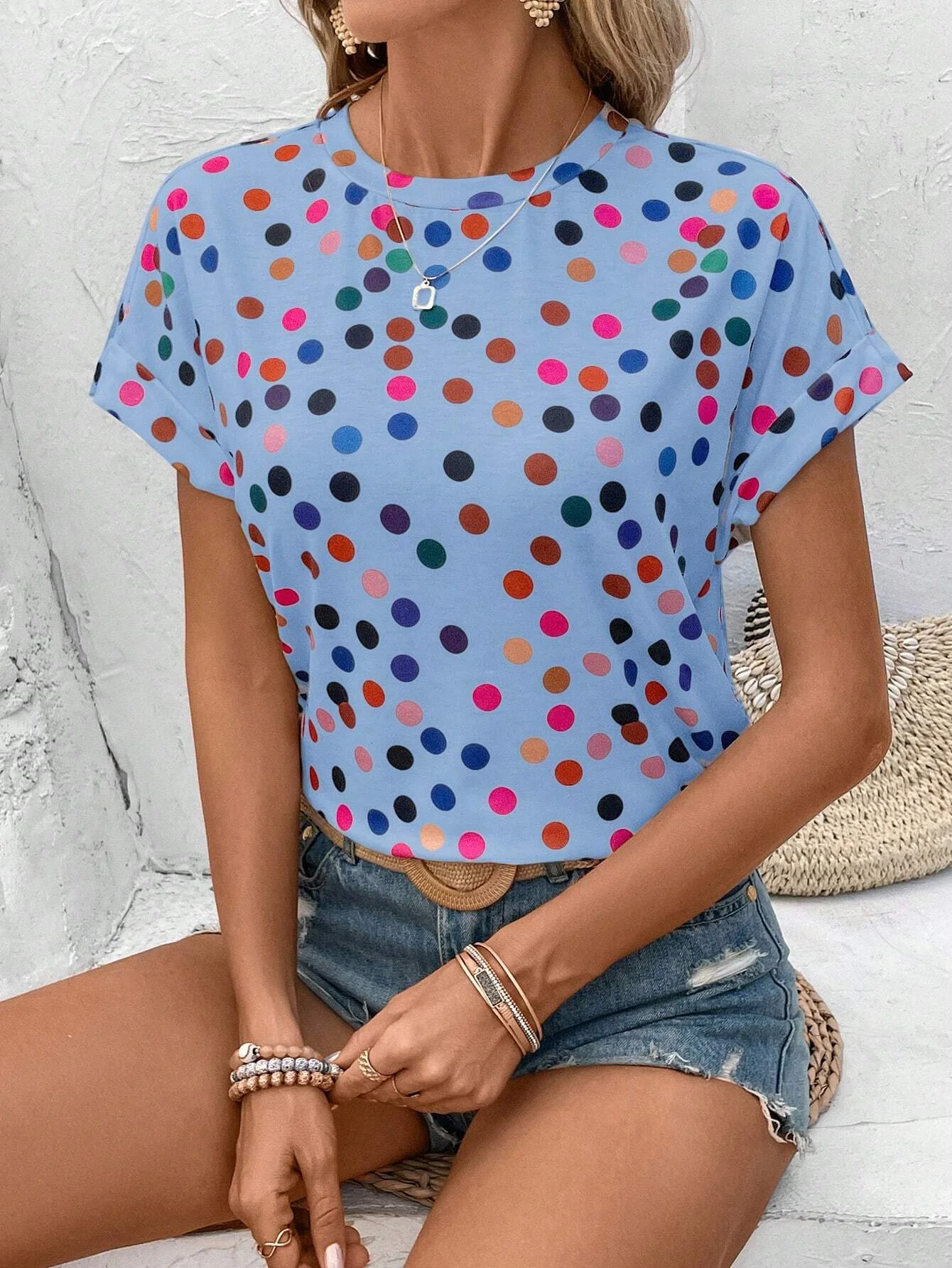 Fashionable Women\'s T-shirts Colorful Dopamine Polka Dot Casual Round Neck Short Sleeve Women\'s T-Shirt For Spring And Summer