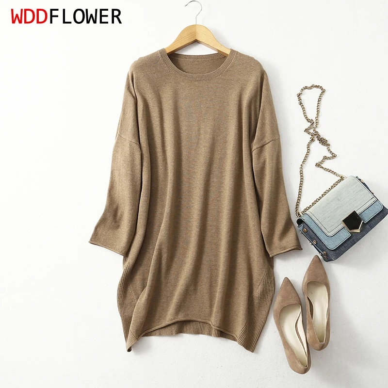 Women\'s 85% Silk 15% Cashmere Crew Neck Long Loose Type Pullover Top Sweater Dress LY001