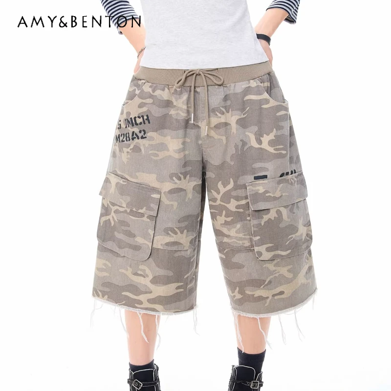 

American Retro Design Camouflage Tooling Women's Wide-leg Pants 2026 Summer New Street Loose Pockets Versatile Capris Ladies