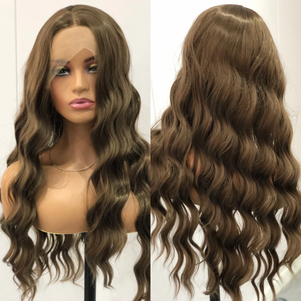 Coffee Brown Long Curly Wave Synthetic Middle Part Loose Wave Natural Hair 13X4 Lace Front Wigs for Women Daily Party Cosplay