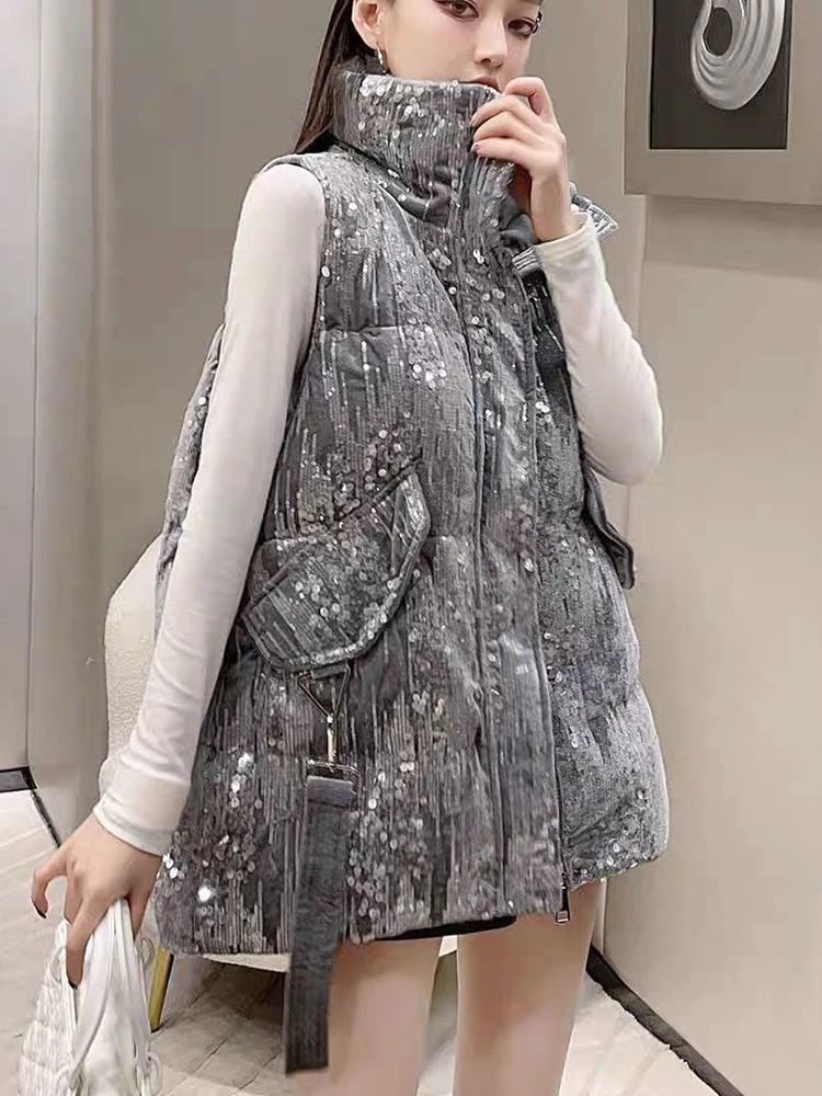 Autumn Winter New Sequins Waistcoat Vest Fashion Casual Medium Length Zipper Big Pocket Sleeve Vest Jacket Women