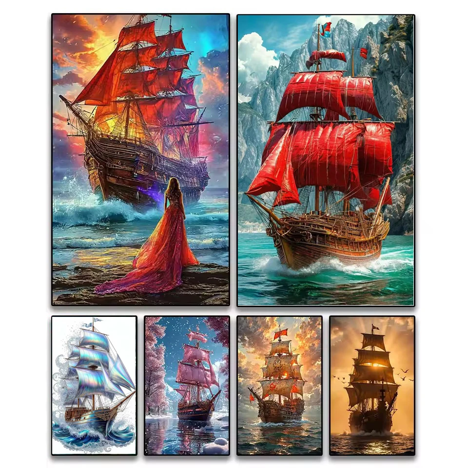 DIY Diamond Painting Mosaic Embroidery Crystal Art 5D Full Drill Square Round Stones Sailboat Landscape Cross-Stitch Home Decor