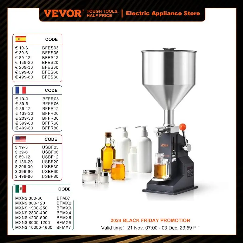 VEVOR 5-100ml Manual Paste Liquid Filling Machine Stainless Steel Adjustable Bottle Filler with Hopper for Water Juice Oil Honey