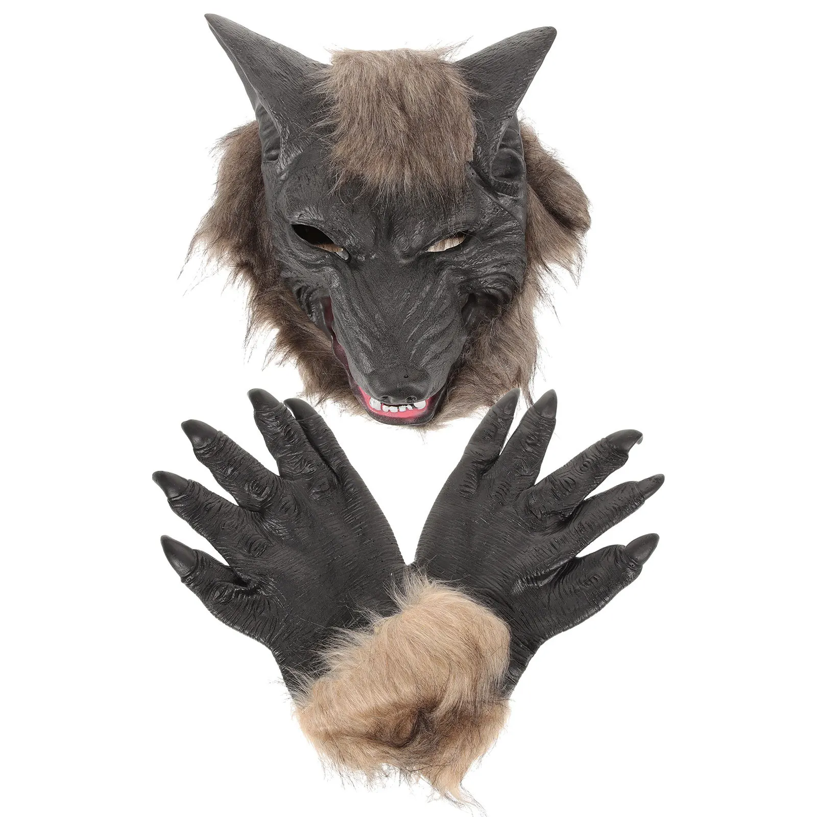 

1Set Wolf Head Shape Mask Latex Halloween Party Props Unisex Werewolf Costume Dark Grey with Scary Decorative Gloves Roleplay