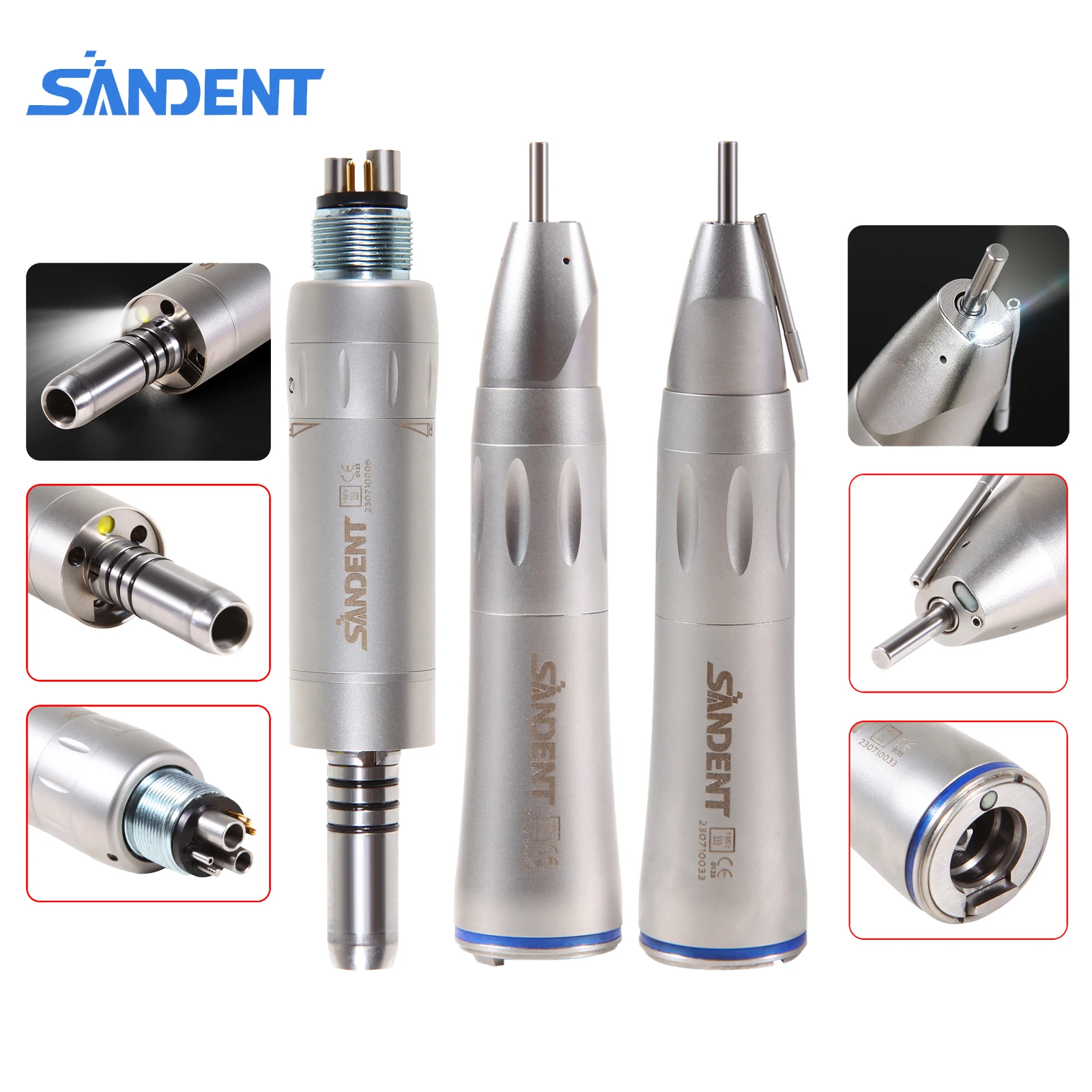 SANDENT NSK Style Dental LED 1:1 Fiber Optic Straight Nose Cone Low Speed Handpiece Inner External Water Spray 6 Holes Air Motor