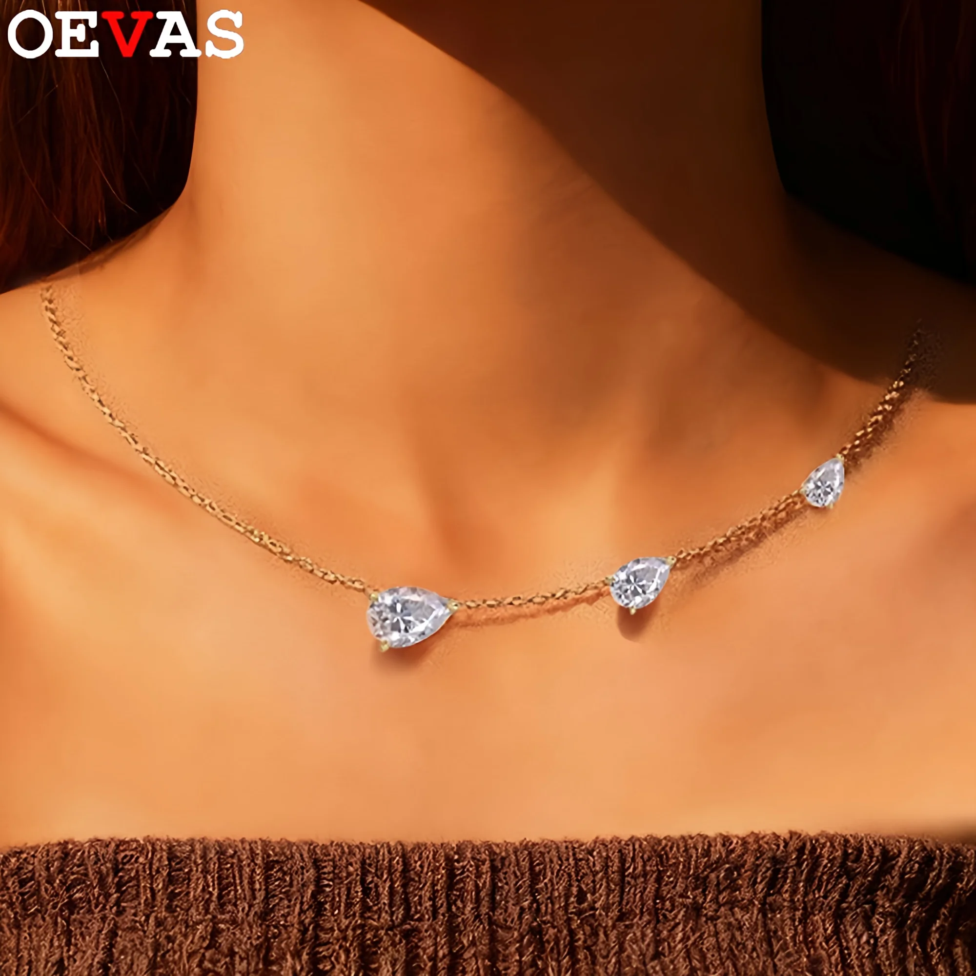 

OEVAS Waterdrop Moissanite 3 Stone Necklace For Women S925 Silver Plated 18K Gold Gradient Lab Diamond Chain Wedding Jewelry