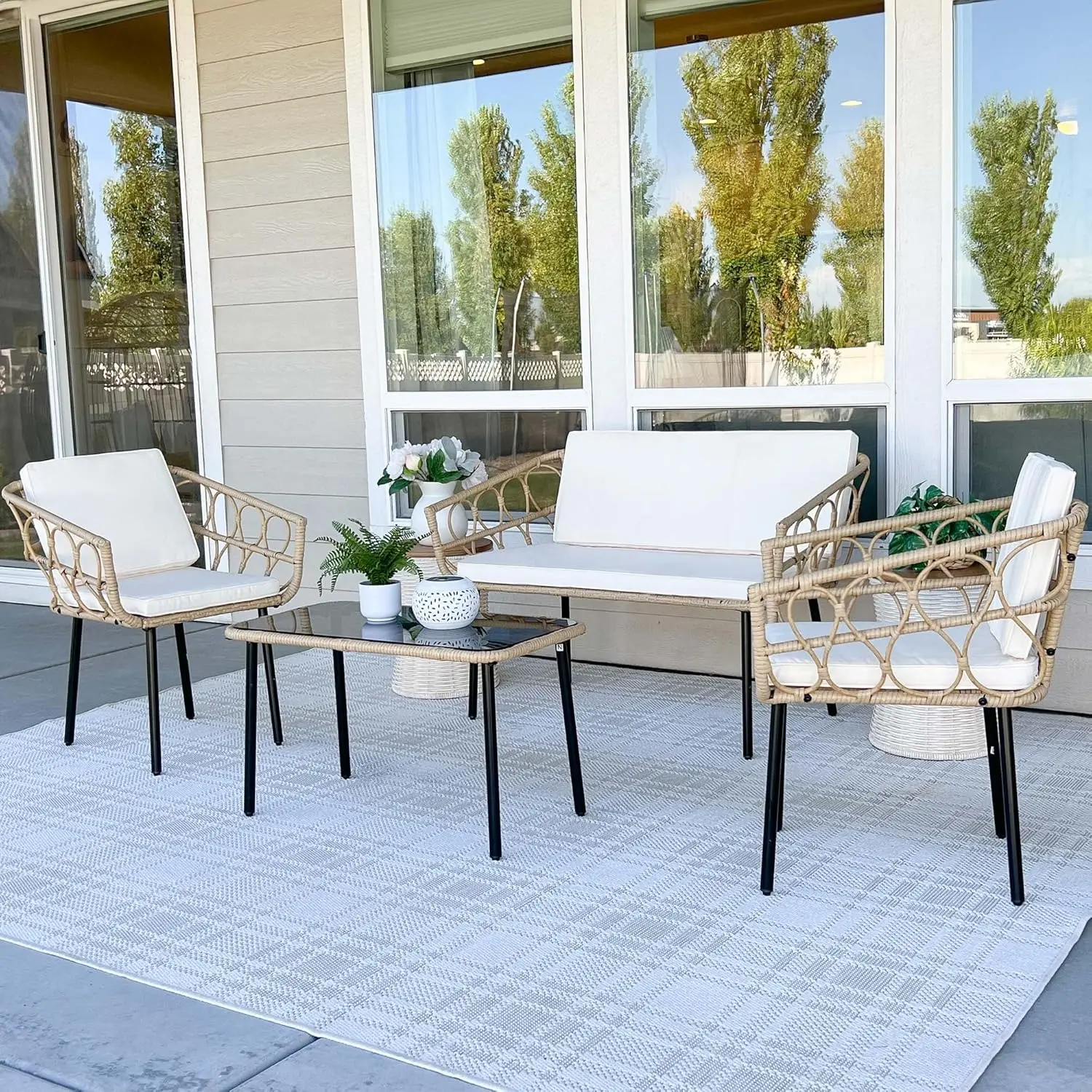 

4 Pieces Patio Furniture Set, Wicker Outdoor Bistro Set, All-Weather Rattan Conversation Set with Loveseat Chairs Table Cushions