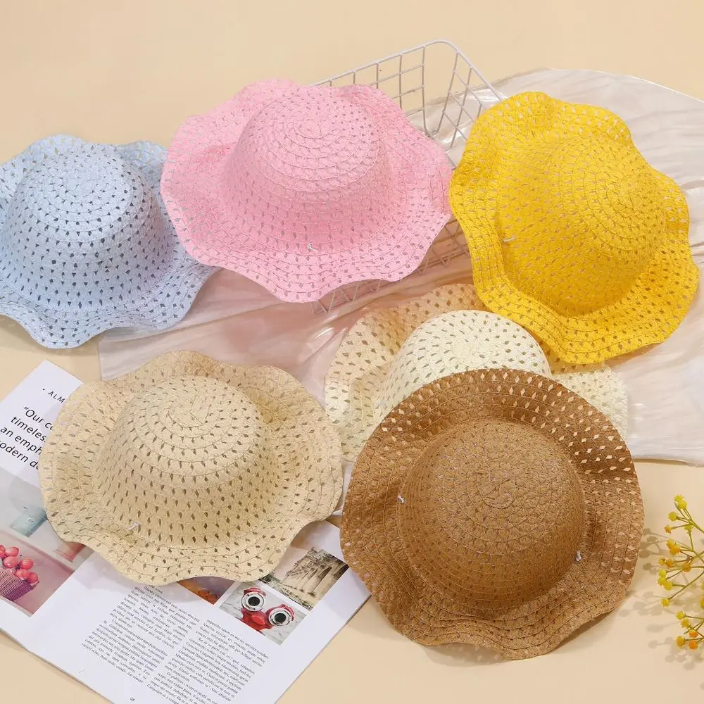 

Portable Large Brim Children Straw Hat Solid Color Hollow Out Baby Hats Sunscreen Bucket Hat Children