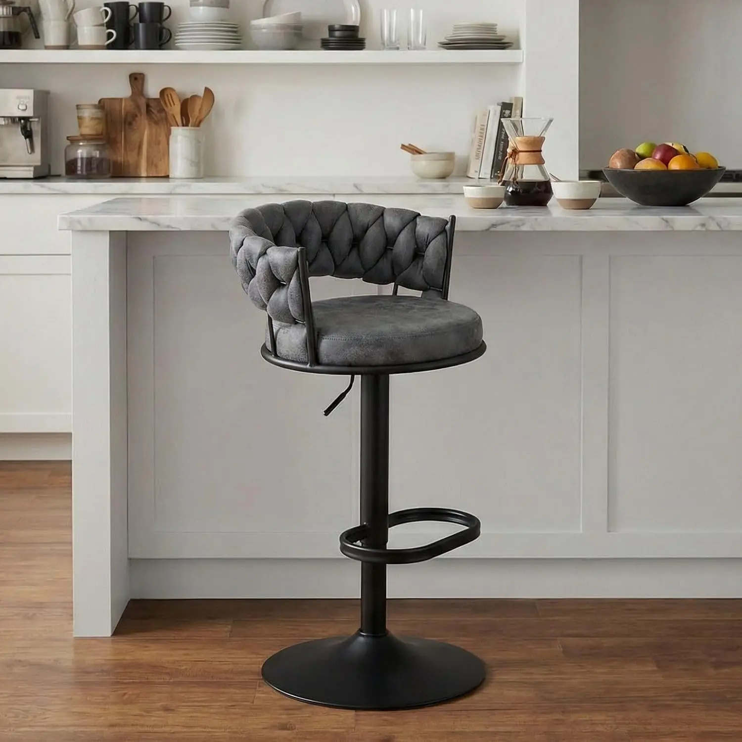 

Bar Stool, Height Adjustable Counter Stool with Woven Back and Armrest, Swivel Bar Chair with Footrest, Suede Fabric Upholste
