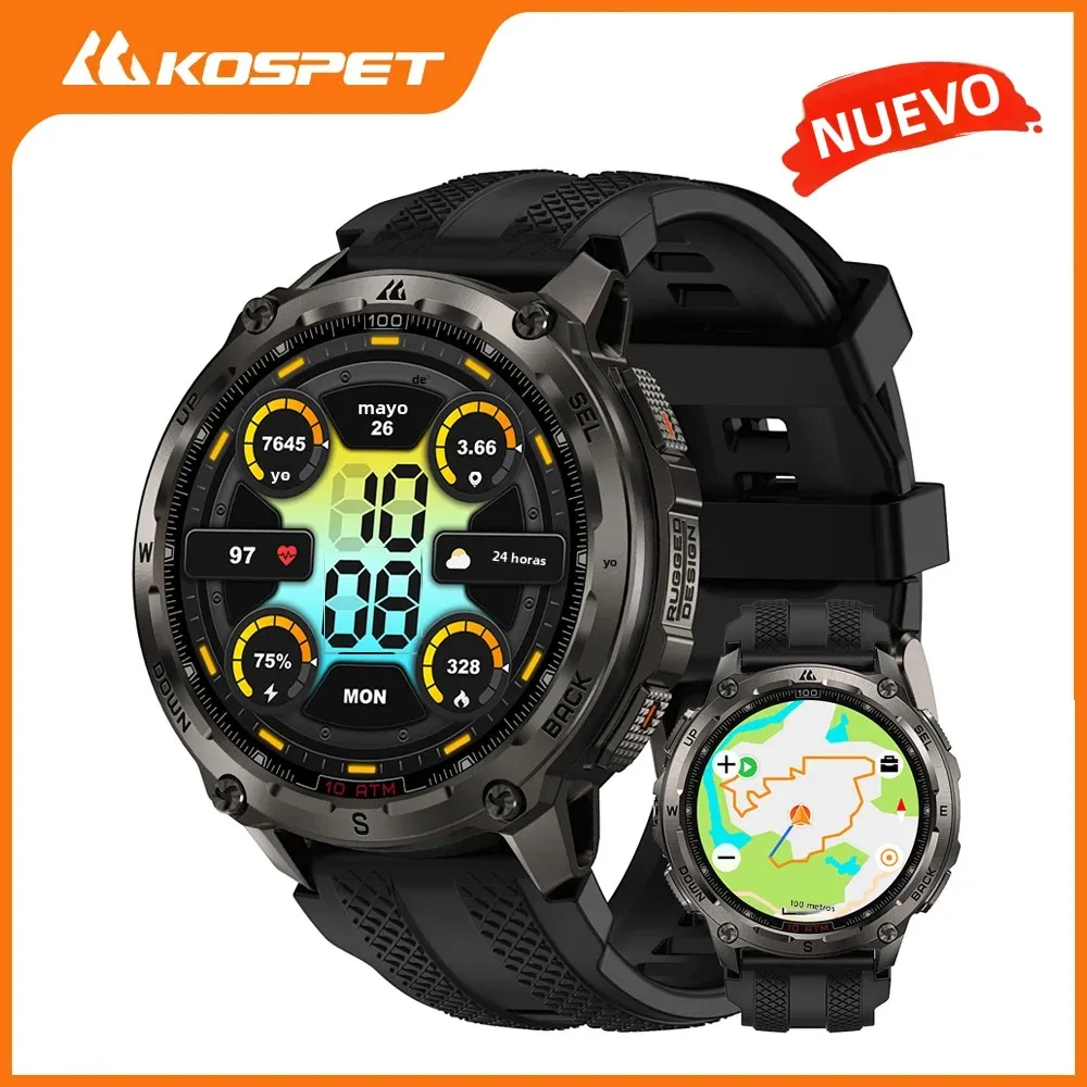 Reloj inteligente KOSPET Tank T4 para hombre, acero inoxidable, 6 asientos, GPS, mapas sin conexión, 100M, resistente al agua, 24/7, Monitor de salud para Android iOS