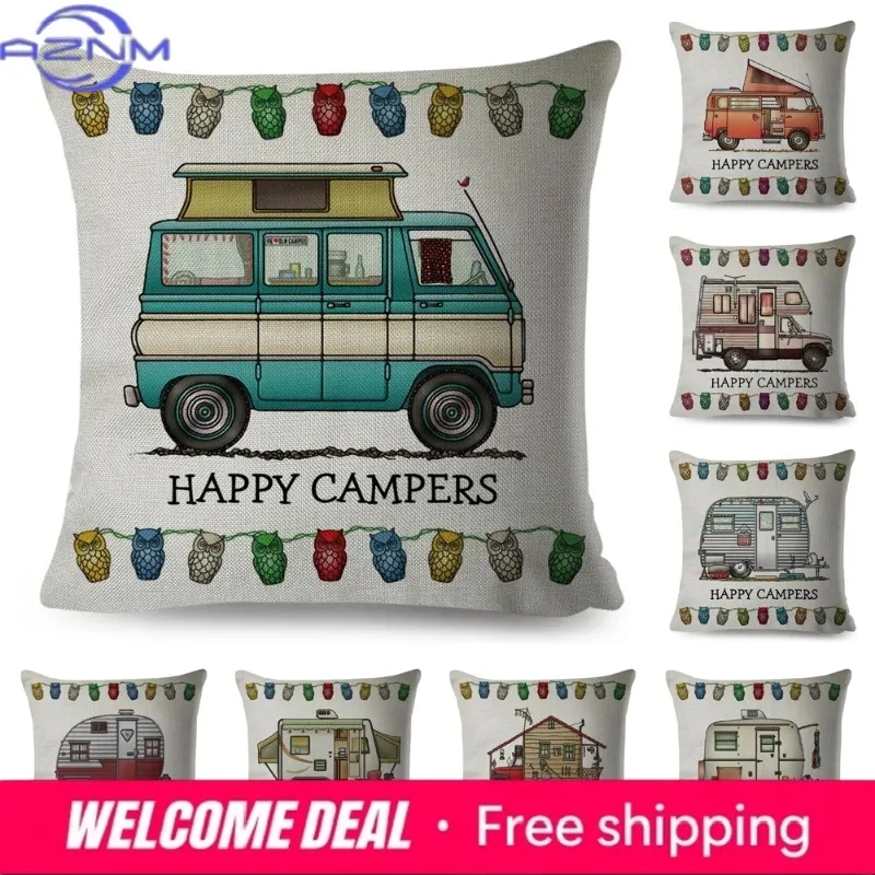 Funda de almohada Happy Camper, funda de almohada decorativa con estampado de coche de viaje de dibujos animados para el hogar, sofá, habitación de niños, funda de cojín de poliéster de 45x45cm