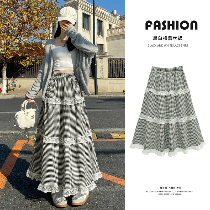 Real Shot Retro Patchwork Plaid Skirt High Waist Slimming Versatile Lace Cake Skirt Large Hem Long Skirt for Women