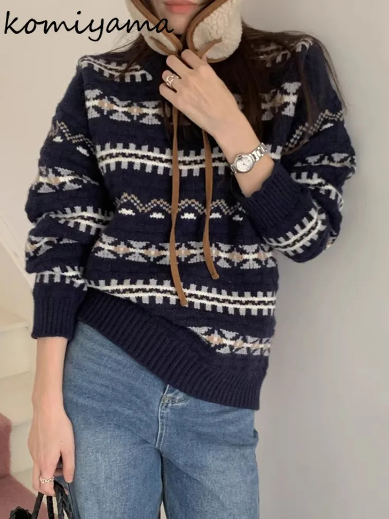 Contrast Jacquard 2024 Woman Sweater Retro Round Neck Outerwears Long Sleeve Knit Ropa Mujer Autumn Winter Pullovers Sueter