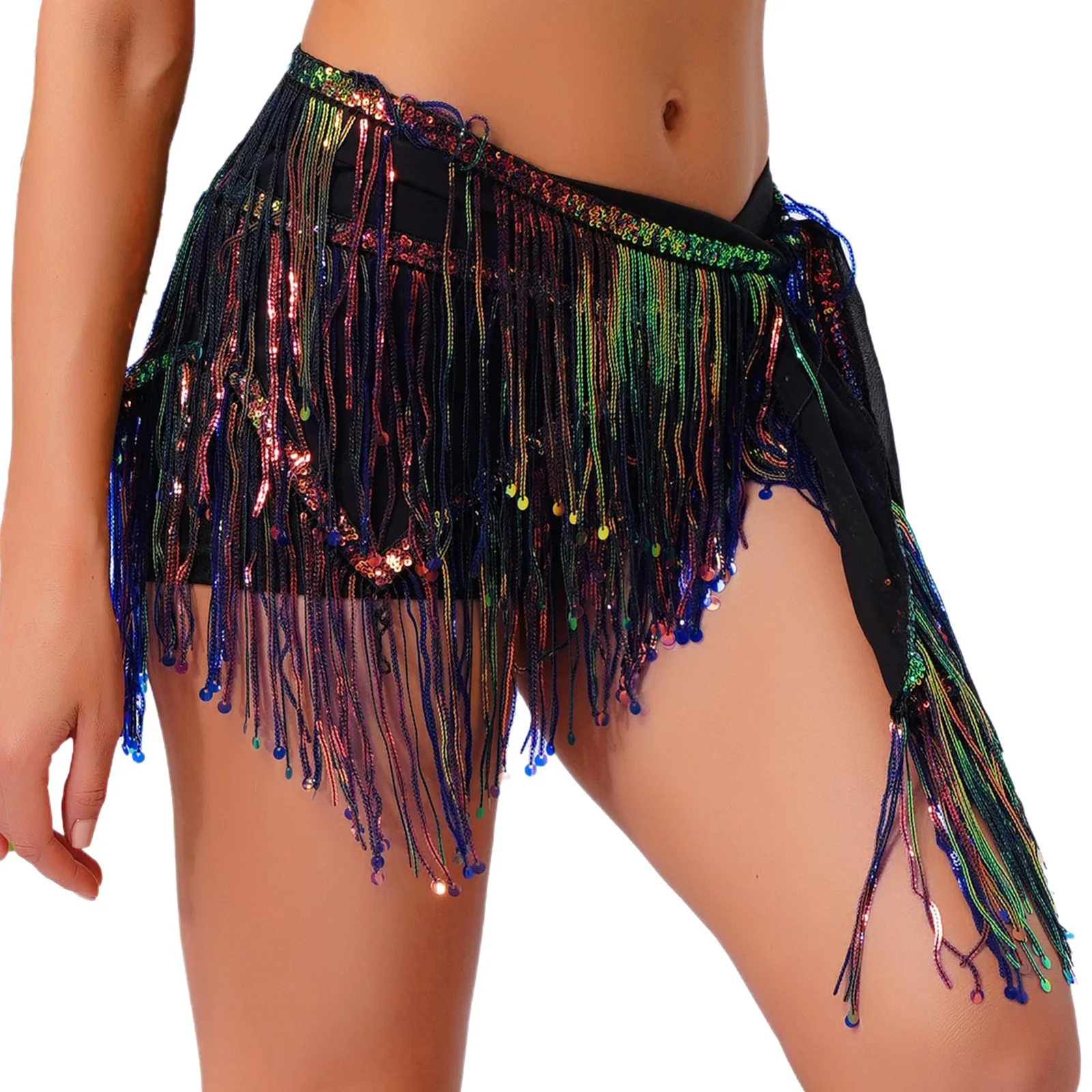 Womens Volksdans Latin Dans Kostuums Glittery Pailletten Buikdans Hippe Sjaal Glanzende Kwastje Fringe Lace-up Taille Keten rok