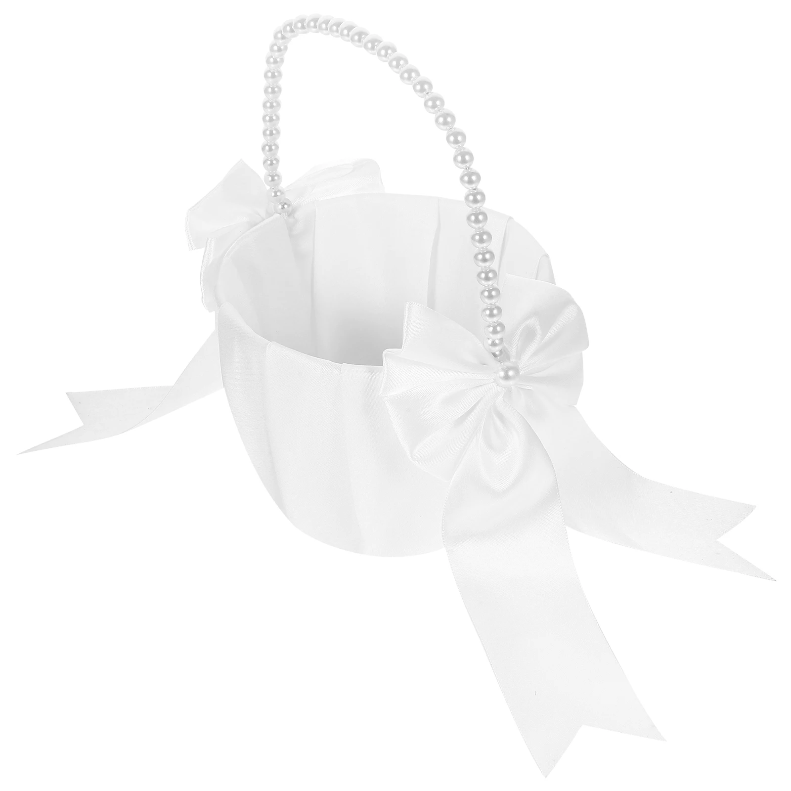 

Elegant Wedding Flower Girl Basket Small Rustic Wicker Rattan Pearl Handle for Petals Candy Storage