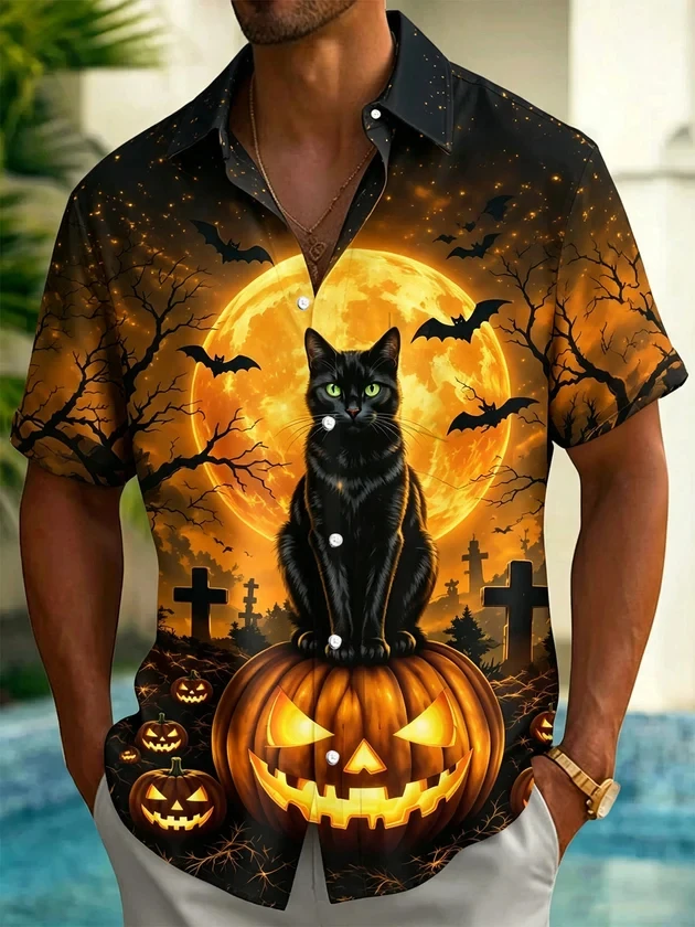 2026 Men's Shirt Halloween Black Cat Jack-o'-lantern Full Moon Bat Cemetery Print Lapel Short Sleeve Casual Holiday Men Clothing