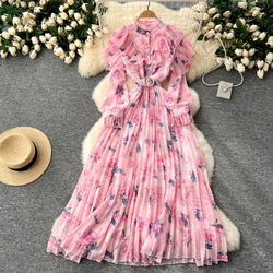 Retro Print chiffon Elegant Dress A-line lool Sleeve  Vacation Party Women summer Spring ruffle PATCHWORK Vestidos dresses