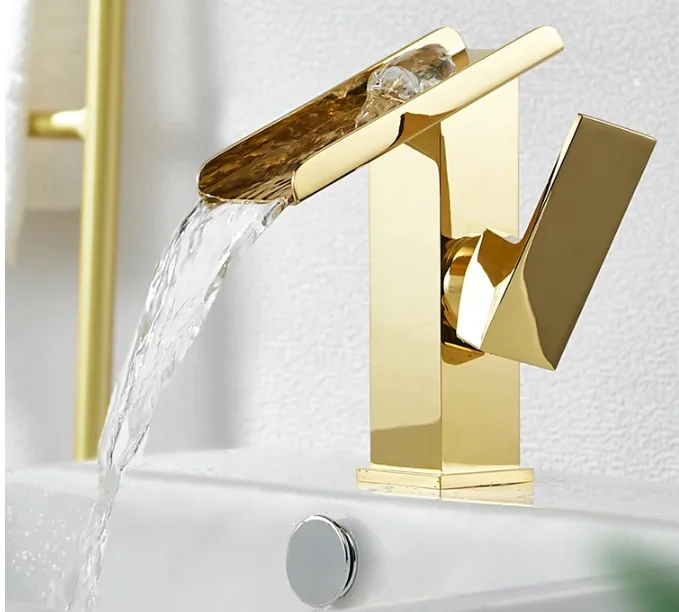 

Becola Gold Brass Waterfall Wash Basin With High And Low Faucet For Hotel Toilet Home Bathroom - Hot And Cold Water Compatible