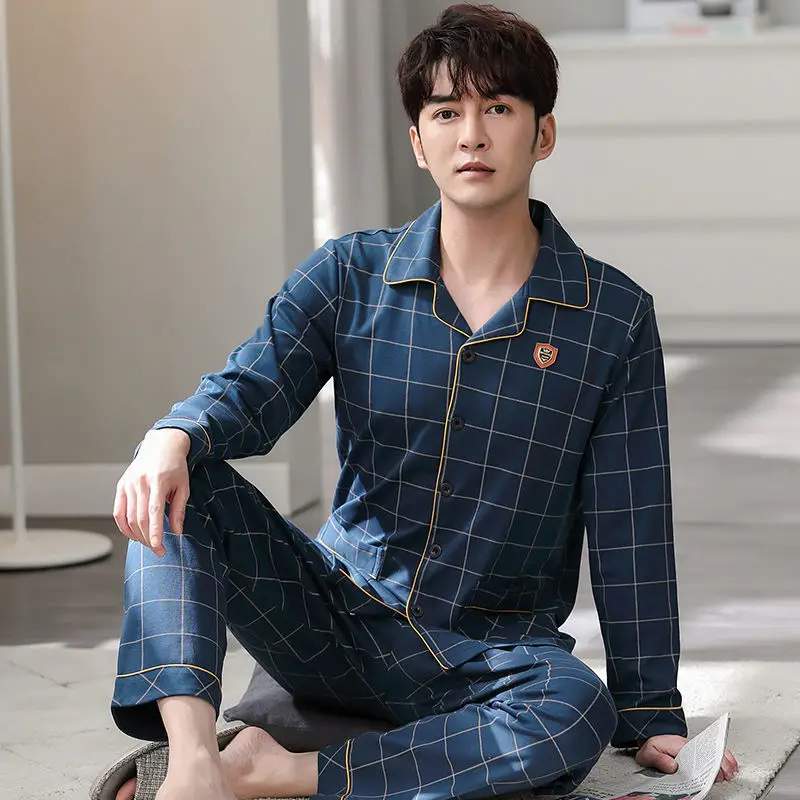 Men's Long-sleeve Cotton Pyjamas Spring Autumn Lightweight Suitable for Summer All Seasons Young Middle-aged Home Wear Set