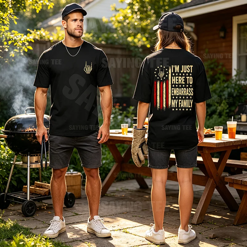 Ich bin nur hier, um meine Familie zu schmeicheln. Sarkastisches T-Shirt, Y2k-Flagge der USA, Skelett, Halloween-Kostüm, weiche Baumwolle, kurzärmelige Kleidung – Detail 4