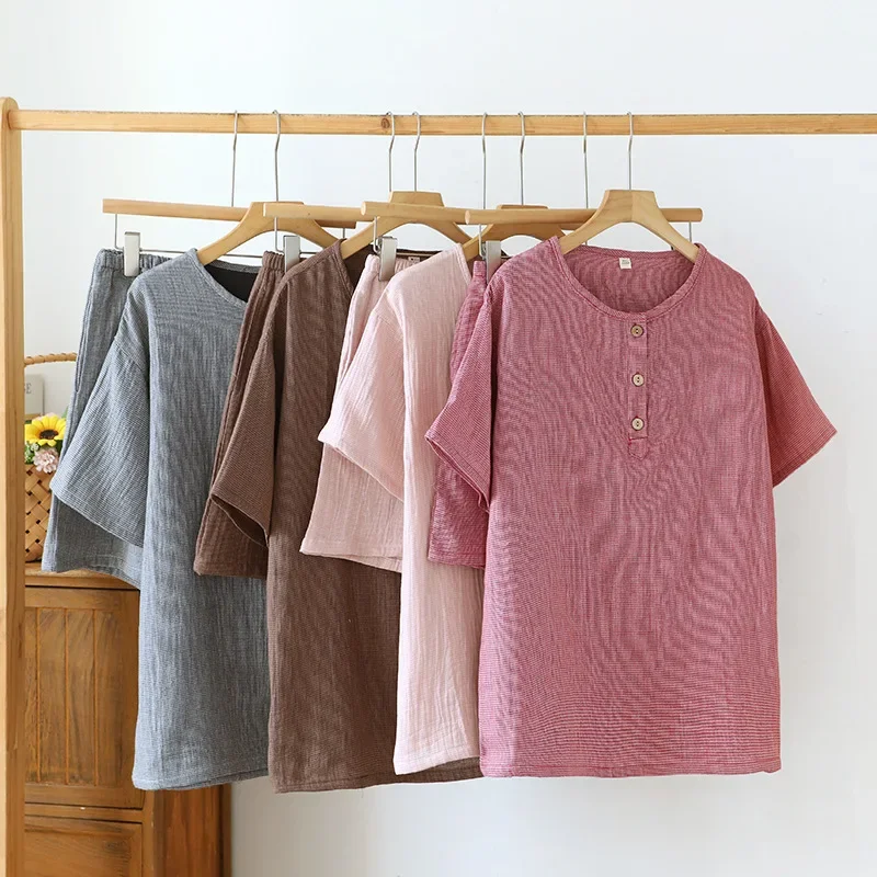 

Couple Sleepwear Clothes Cotton Summer Short Sleeved Round Neck Pullover Up Button Tops with Shorts 2 Pieces Pijamas Women