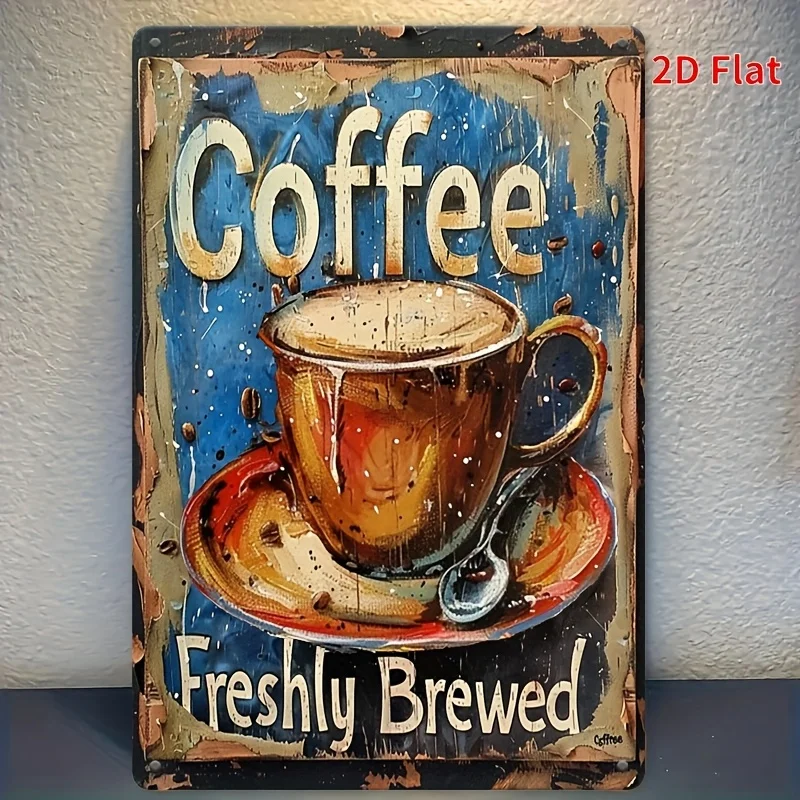 2D Flat, 1pc Vintage Coffee Metal Wall Sign - Fresh Brewed Coffee Decor with Rustic Iron Retro Art Plaque