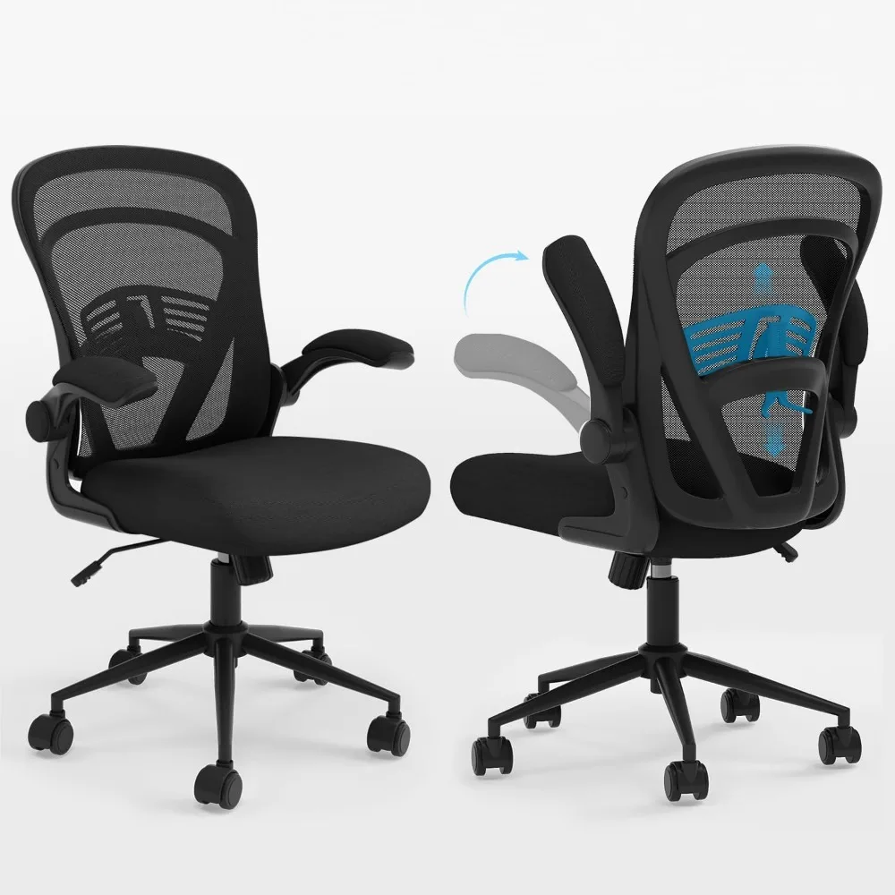 

A mesh office chair with flipping arms and wide seats 23.6"D x 22"W x 39.7"H