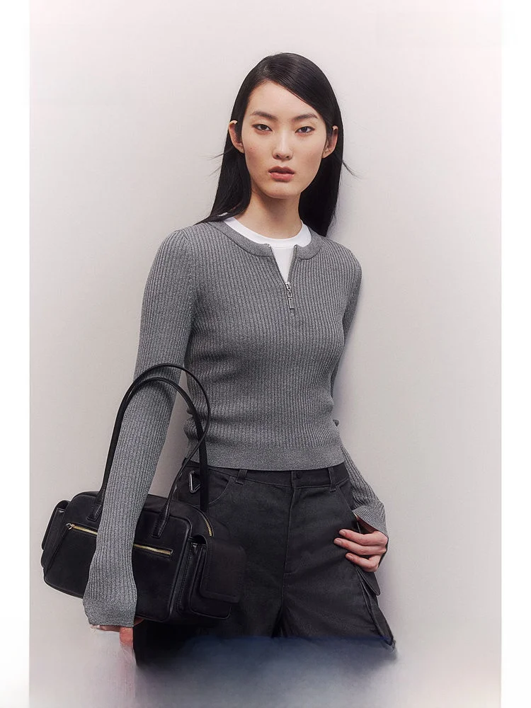 

H&M Women's Knitted Sweater round Neck Casual Top with Zipper Ribbed Summer Fashion Polyester Viscose Blend Long Sleeve