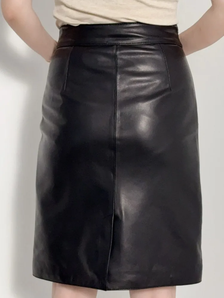 Office Ladies Solid Color Comfortable High Waist Genuine Leather Skirts Top Quality Slim Sheepskin Zipper Knee Length Skirt