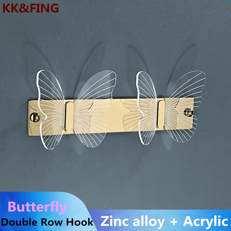 KK&FING Creative Bathroom Hooks New Butterfly Double Row Wall Hook Premium Gold Coat Hook Wall hanger Black Metal Hooks