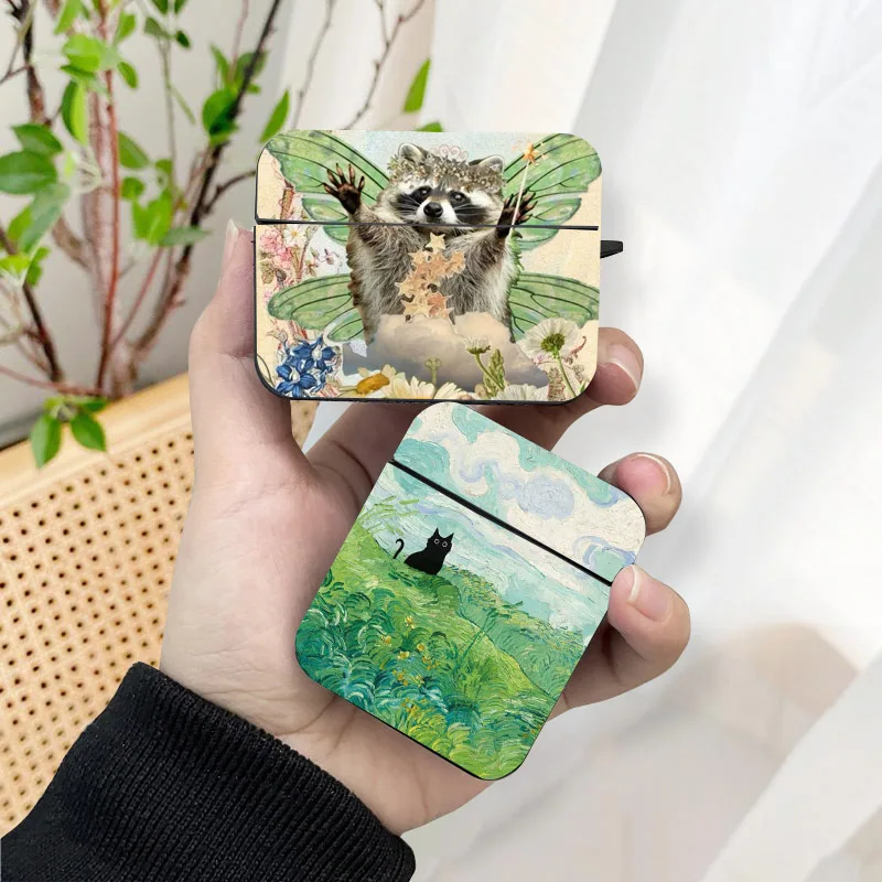 Retro Raccoon Butterfly Cat AirPods Case Black Wireless Bluetooth Earphone Case for Apple Airpods 1 2 3 Pro 2 Protective Case