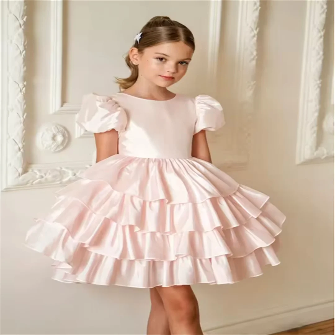 White First Communion Dress For Girls Puff Sleeves Multi-layered Lotus Leaf Flower Girl Skirt A-line Short Princess Tutu Skirt