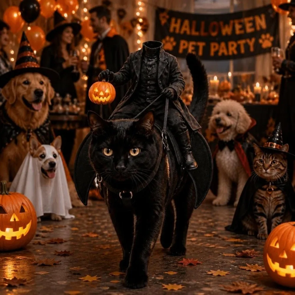 Kreatives Kopfloses Reiter-Katzenkostüm, Kürbislaterne, 3D-Katzensattel-Kostüm, Leichtes Schwarzes Katzenreiter-Kostüm für Cosplay-Events – Detail 5