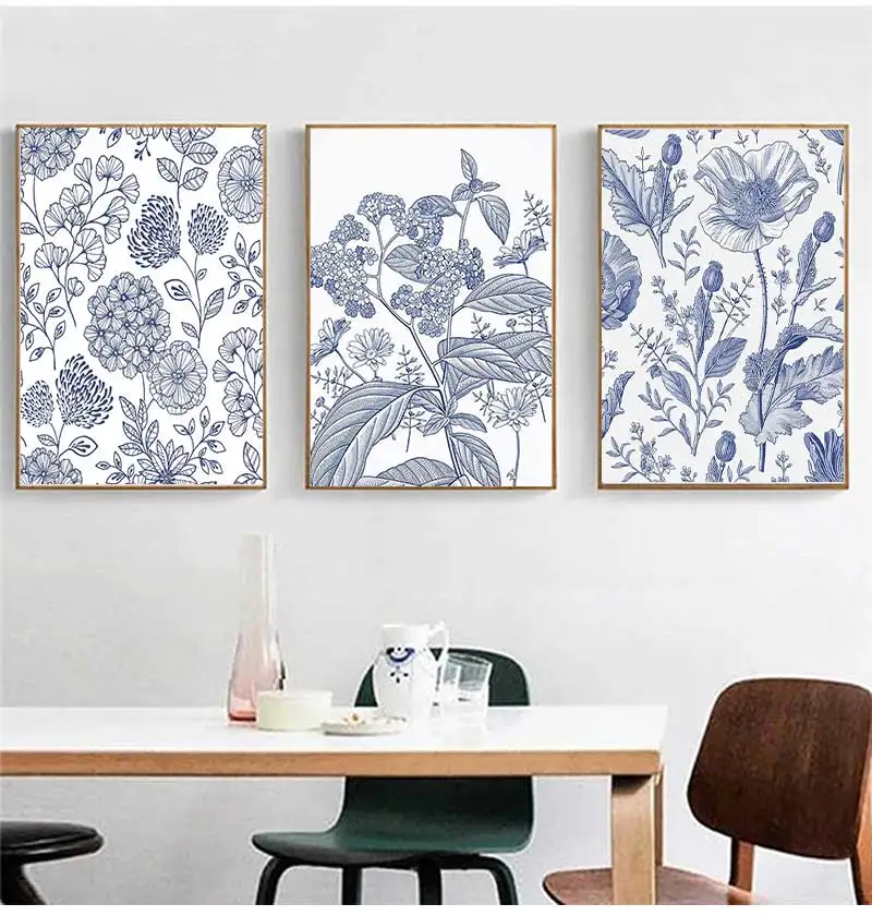 Classic Blue Art Prints Celadon Series Art Wall Art Boho Flower Market Canvas Painting Poster Home Living Room Decoration