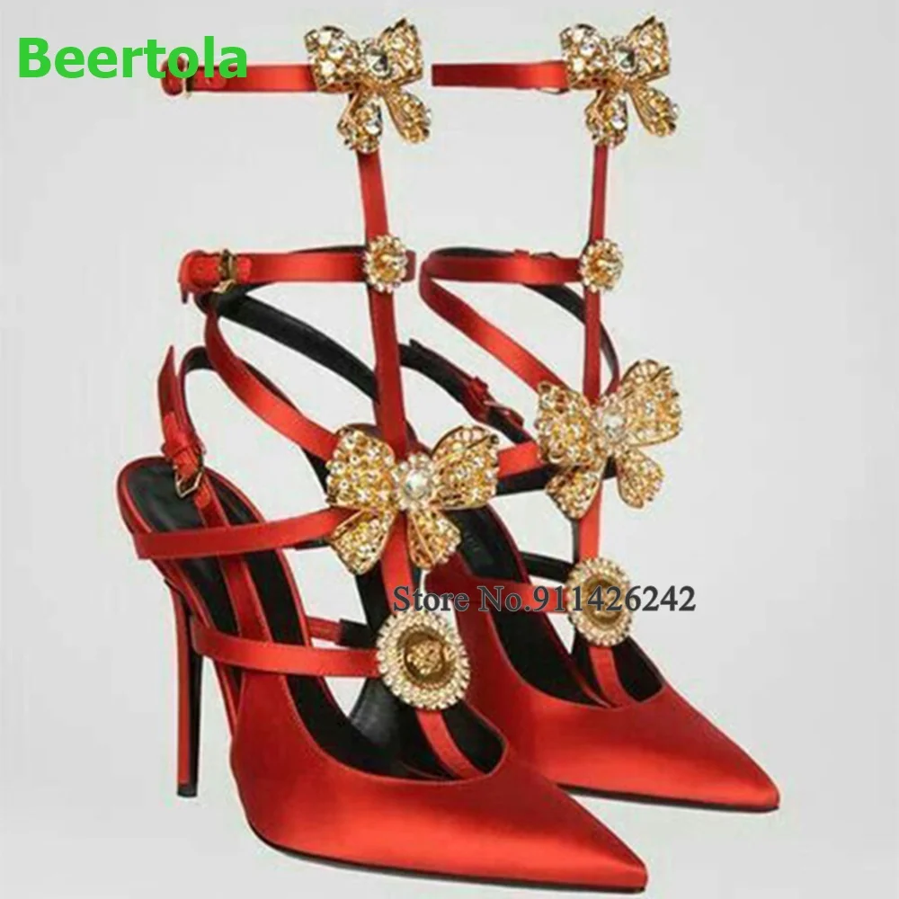 

Gold Butterfly-knot Luxury Design Pumps For Female Women Runway Elegant Ankle Buckle Strap Slingback Solid Thin High Heel Shoes