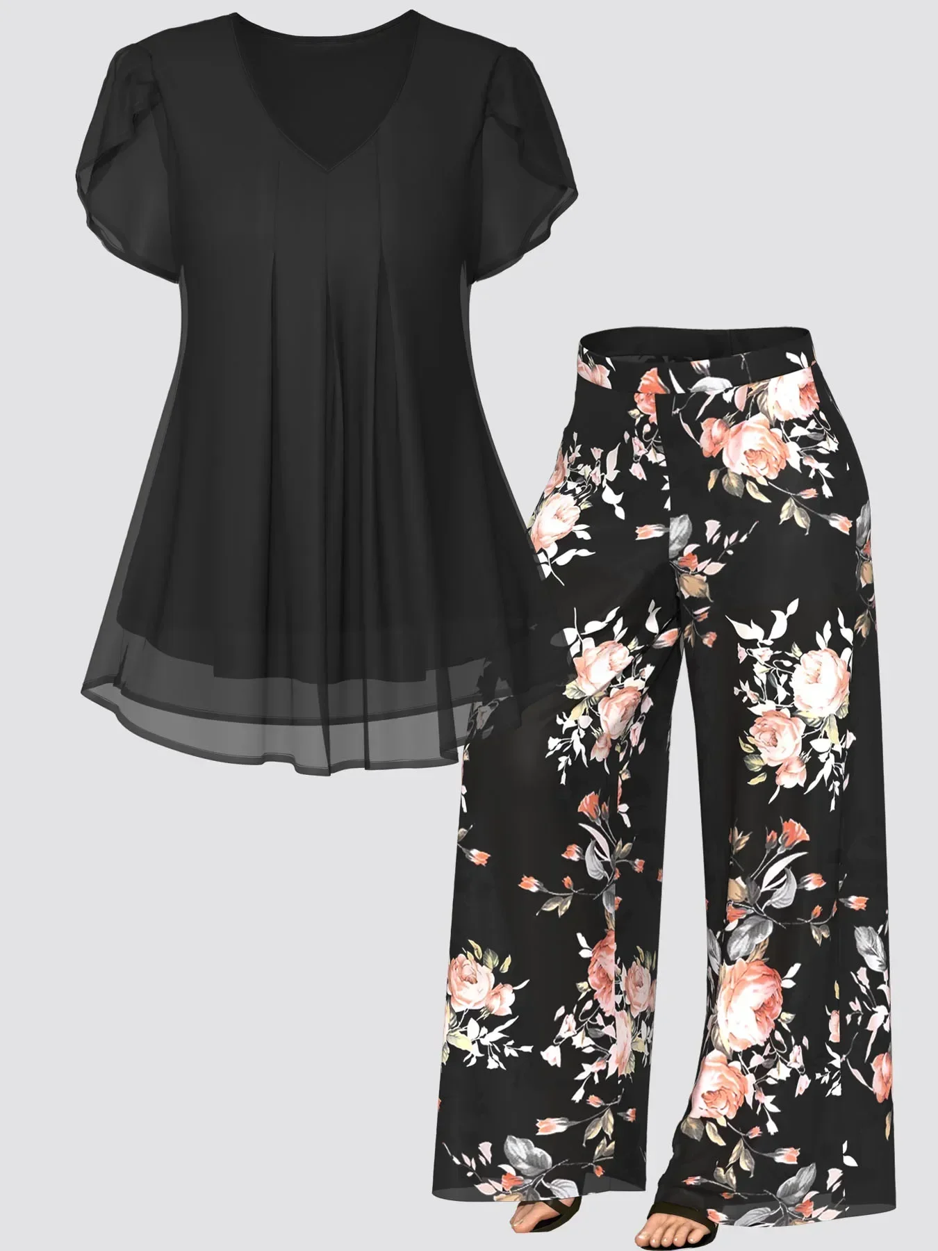 

Plus Size Floral Retro Women's Matching Set V-Neck Top and Printed Pants Chiffon Two Piece Set Top and Pant Outfit Summer