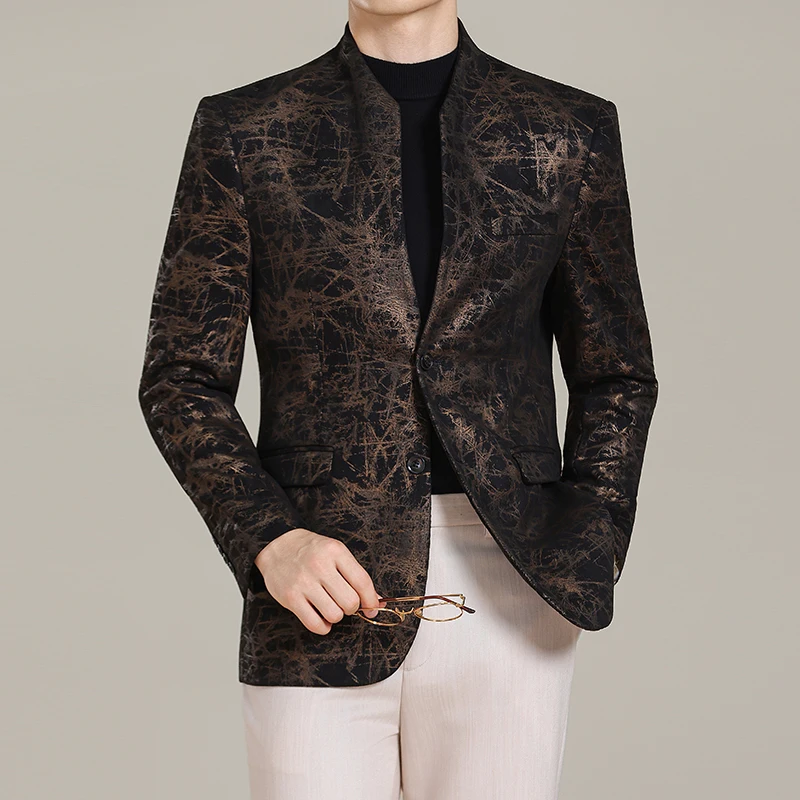 

Жаккардовые пиджаки в китайском стиле с воротником-стойкой, осенне-зимний повседневный пиджак, тонкий деловой костюм для свадьбы, жениха, куртки