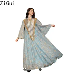 Zigui Jalabya Arabic Dress Women Sequin Tassel Kaftan Long Sleeve Mesh Embroidery Flare Sleeve Muslim Abaya Dress Dubai