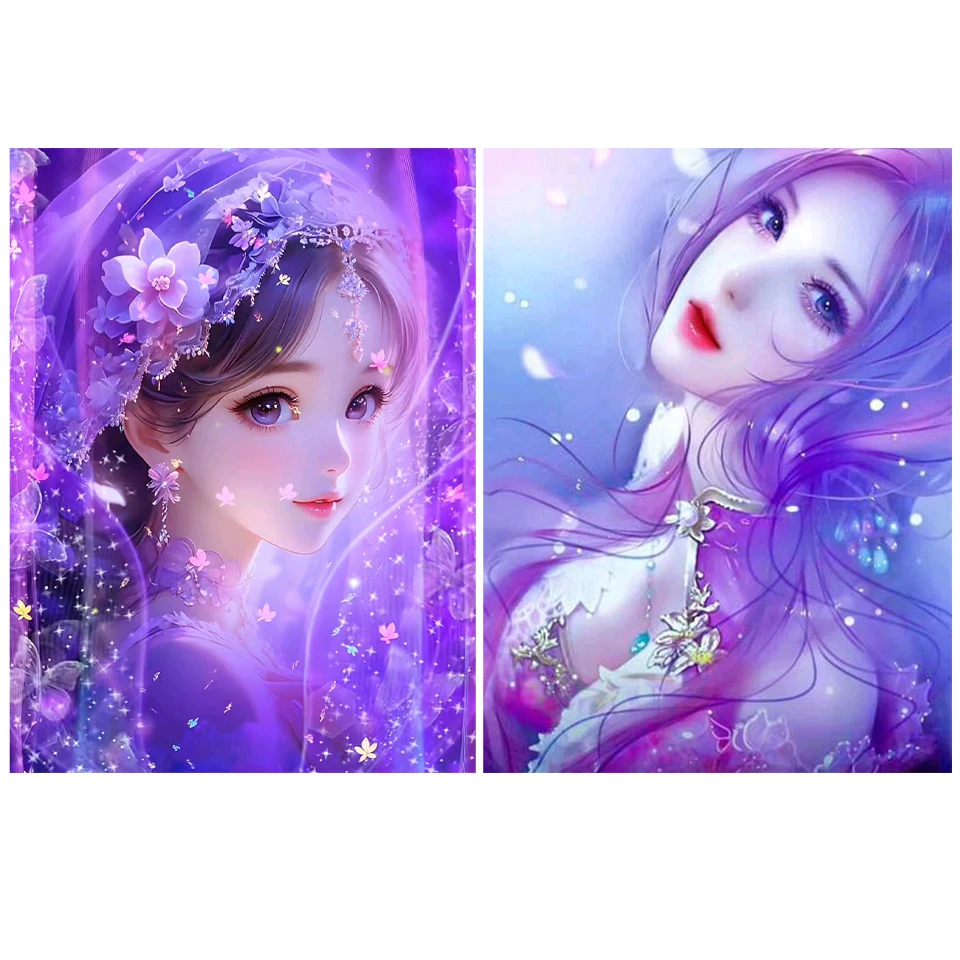 

Cartoon Girl 5dDIY Painting Purple Series Full Square Diamond Mosaic Beautiful Women Decorative Flower Embroidery Gift