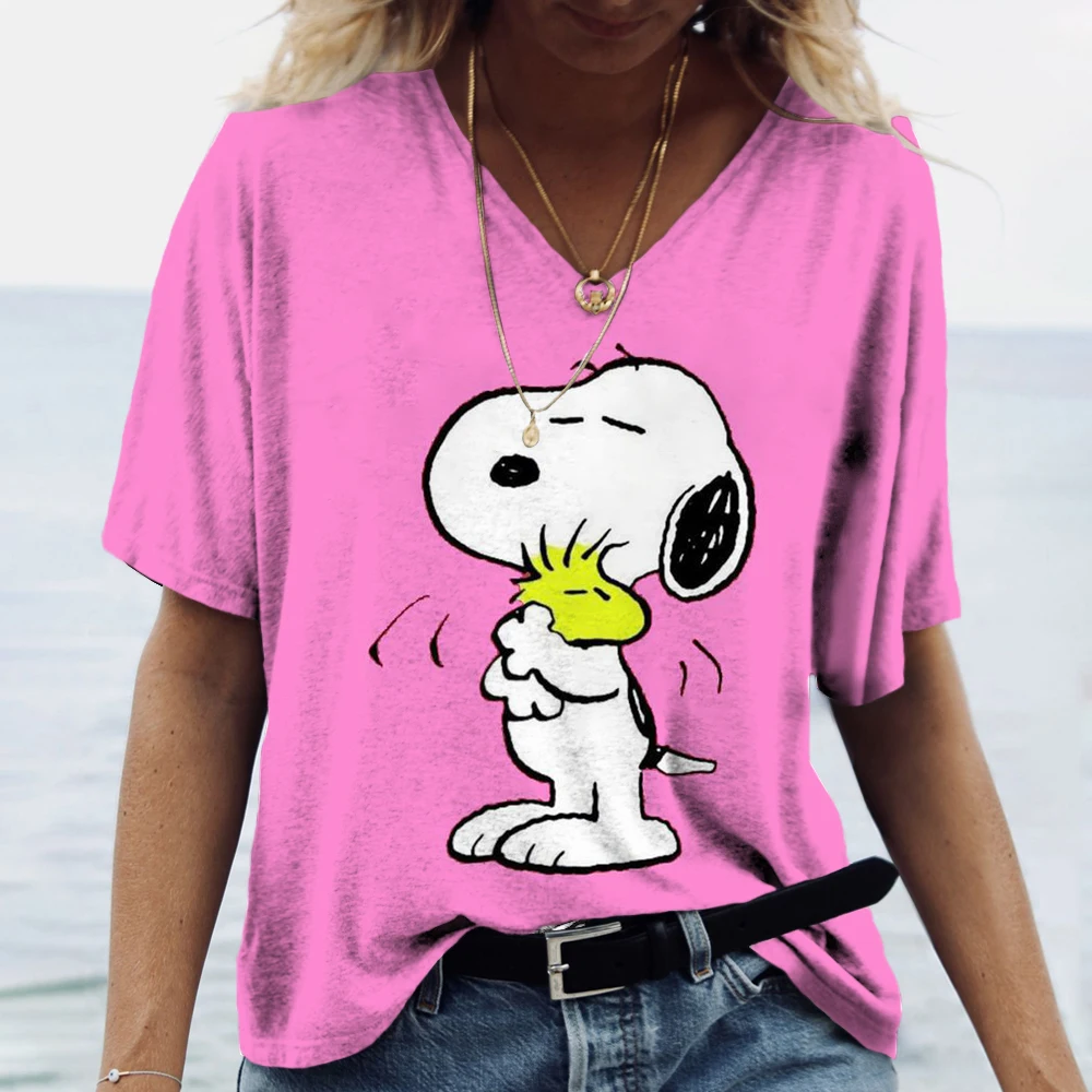 Fashionable Women\'s T-Shirts Cute Snoopy print Girl Summer Harajuku Loose Casual Clothing Kawaii V-Neck Short Sleeve T-Shirts