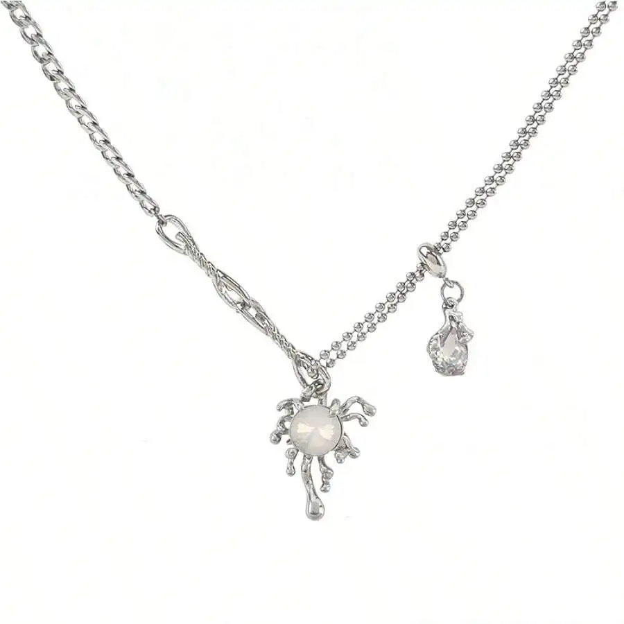 

Silver-Tone Y-Shape Necklace with Spider Pendant and Crystal Charm