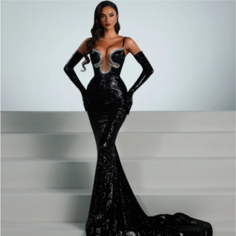 

Блестящее Сексуальное Женское облегающее длинное платье с открытыми плечами и блестками, перчатки, элегантное вечернее праздничное платье для выпускного вечера, платье